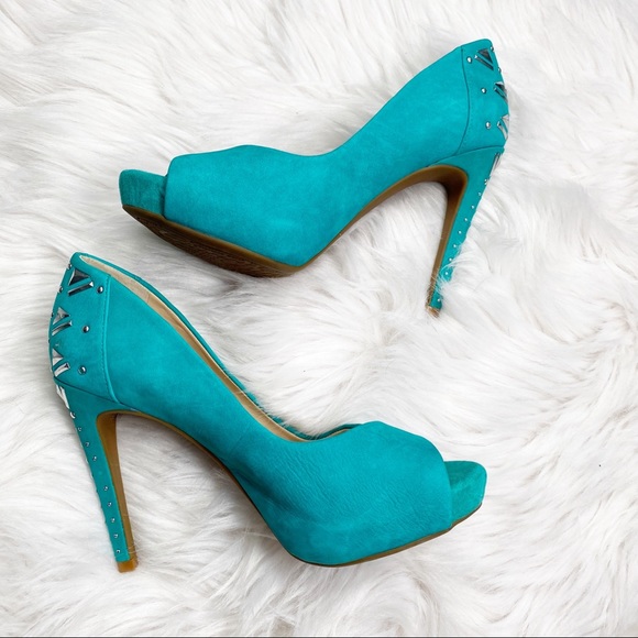 Gianni Bini Lexa Studded Peep Toe Heels In Teal - Picture 5 of 10